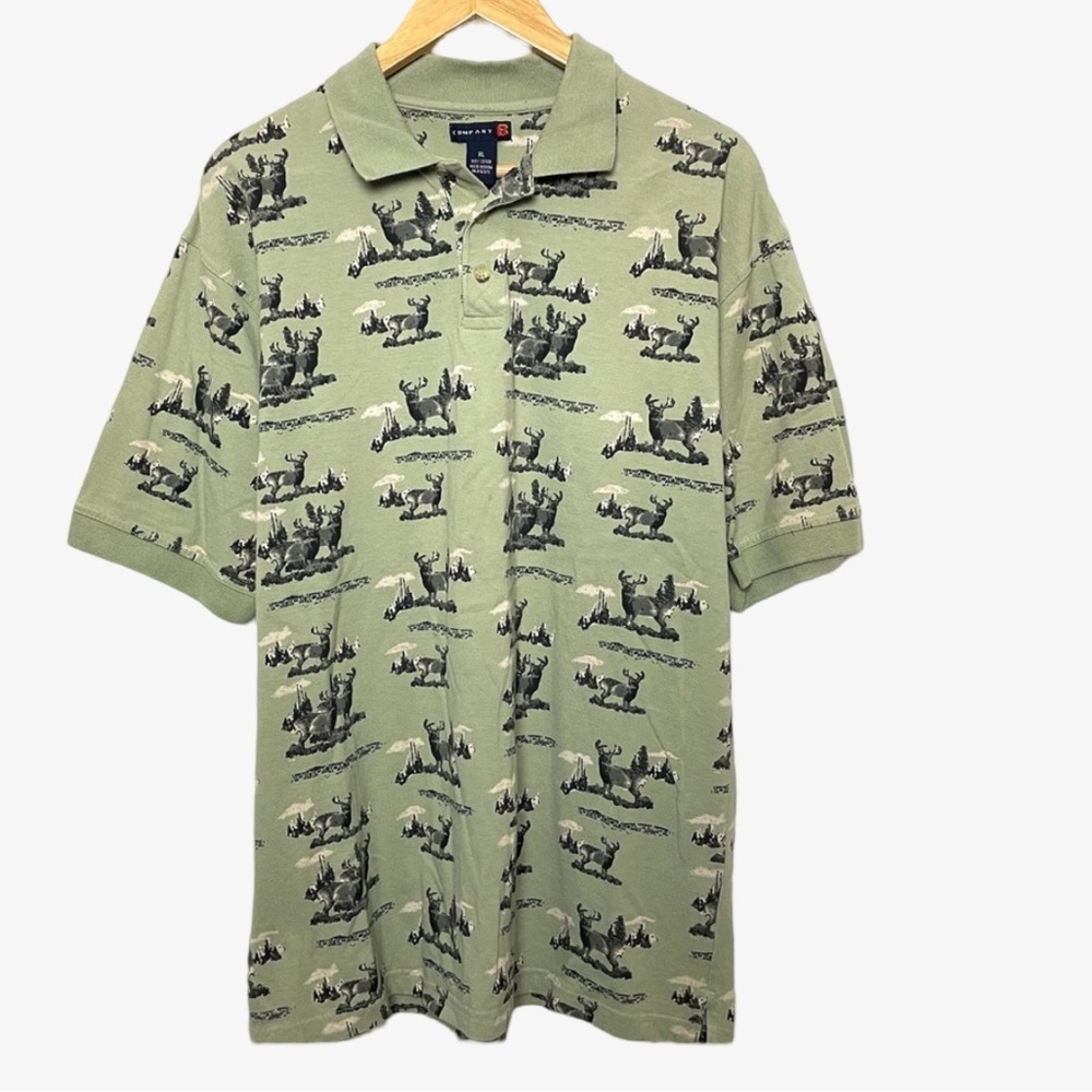 Vintage Southwest 1990’s White Tail Deer Print Graphic Polo Shirt in Green M
